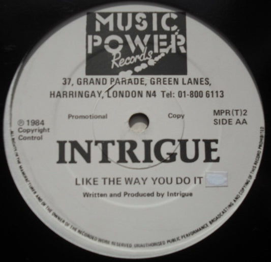 Image of Front Cover of 3614461C: 12" - INTRIGUE, Let Sleeping Dogs Lie / Like The Way You Do It (Music Power Records; MPR(T)2, UK 1984) Some light marks to vinyl.  /G+