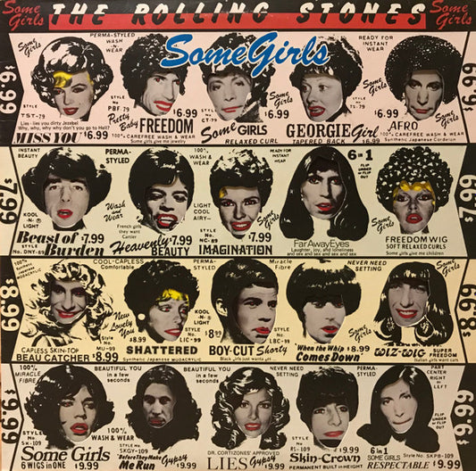 Image of Front Cover of LP - VG+/G+ - THE ROLLING STONES, Some Girls (Rolling Stones Records; CUN 39108, UK 1978, Die Cut Sleeve, Uncensored Inner With Curved Corners, Title in blue on front cover. Pale colours - Pink-Green-Yellow-Blue), Writing On Rear Sleeve,  - 3826189E