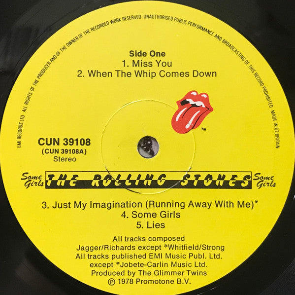 Image of Label Cover of LP - VG+/G+ - THE ROLLING STONES, Some Girls (Rolling Stones Records; CUN 39108, UK 1978, Die Cut Sleeve, Uncensored Inner With Curved Corners, Title in blue on front cover. Pale colours - Pink-Green-Yellow-Blue), Writing On Rear Sleeve,  - 3826189E
