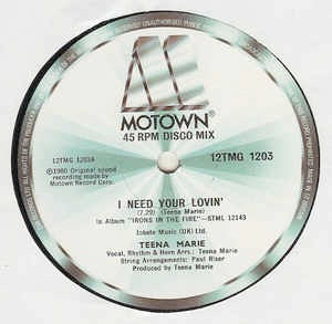 Image of Front Cover of 12" - /G+ - TEENA MARIE, I Need Your Lovin' / Behind The Groove / Remix (Motown; 12TMG 1203, UK 1980, Die Cut Company Sleeve), Light Marks only. Plain sleeve.,  - 1716300C