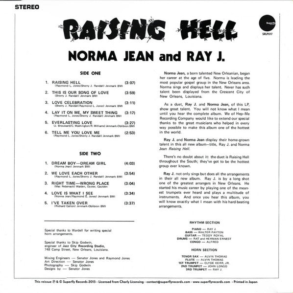 Image of Back Cover of 3744056S: LP - NORMA JEAN & RAY J., Raising Hell (Superfly Records; SRLP017, France 2015 Reissue, Limited Edition)   EX/EX