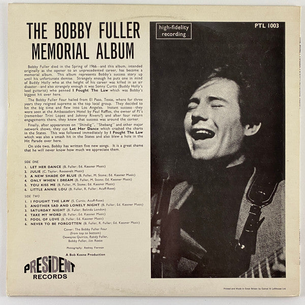 Image of Back Cover of 4925216E: LP - THE BOBBY FULLER FOUR, I Fought The Law - Memorial Album (President Records; PTL 1003, UK 1967 Reissue, Mono)   VG+/EX