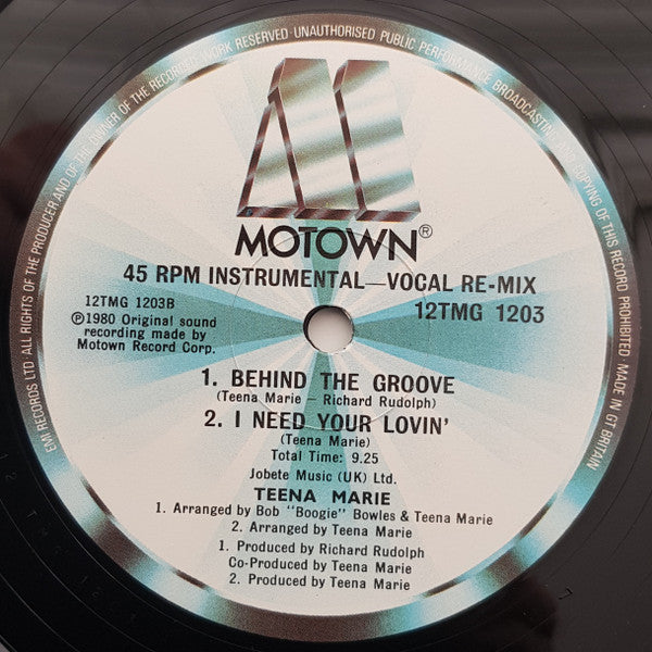 Image of Back Cover of 12" - /G+ - TEENA MARIE, I Need Your Lovin' / Behind The Groove / Remix (Motown; 12TMG 1203, UK 1980, Die Cut Company Sleeve), Light Marks only. Plain sleeve.,  - 1716300C