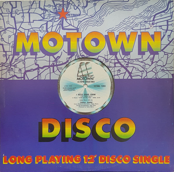 Image of Label Cover of 12" - /G+ - TEENA MARIE, I Need Your Lovin' / Behind The Groove / Remix (Motown; 12TMG 1203, UK 1980, Die Cut Company Sleeve), Light Marks only. Plain sleeve.,  - 1716300C