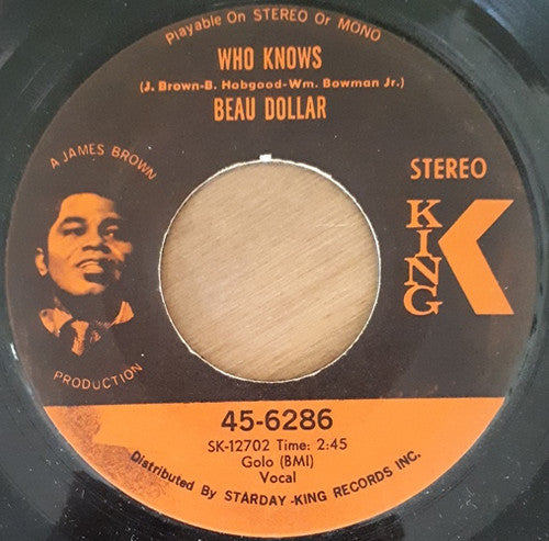 Image of Back Cover of 3714064C: 7" - BEAU DOLLAR, (I Wanna Go) Where The Soul Trees Grow / Who Knows (King Records; 45-6286, US 1970, Company sleeve) Light marks.Writing on company sleveve.  VG/VG