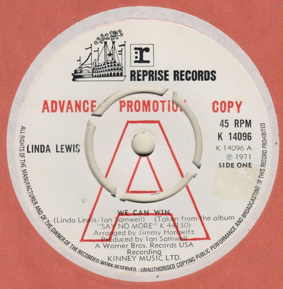 Image of Front Cover of 3714071C: 7" - LINDA LEWIS, We Can Win/ Hampstead Way (Reprise Records; K 14096, UK 1971, Promo, Plain sleeve, 4 prong centre) Lightest of marks. Evidence of previous sticker on label.  /VG+