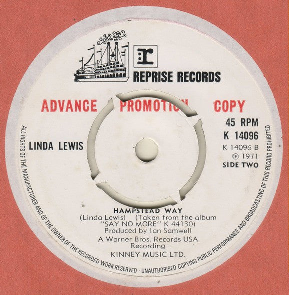 Image of Back Cover of 3714071C: 7" - LINDA LEWIS, We Can Win/ Hampstead Way (Reprise Records; K 14096, UK 1971, Promo, Plain sleeve, 4 prong centre) Lightest of marks. Evidence of previous sticker on label.  /VG+