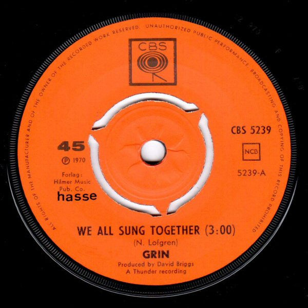 Image of Label Cover of 3754042S: 7" - GRIN, We All Sung Together (CBS; 5239, Scandinavia 1970) Edge and Ring Wear. No Centre  G+/VG