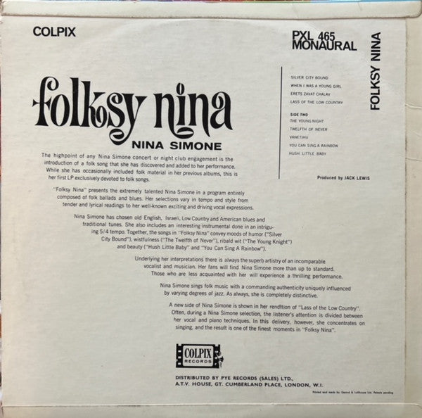 Image of Back Cover of 3724085E: LP - NINA SIMONE, Folksy Nina (Colpix Records; PXL 465, UK 1964)   VG/VG