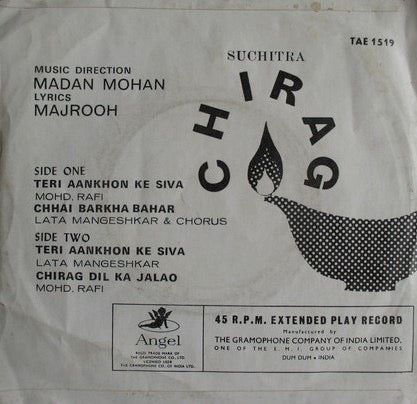 Image of Back Cover of 3714189C: 7" - MADAN MOHAN, Chirag (Angel Records; TAE 1519, India 1969, Picture Sleeve) Light marks only.  VG/G+