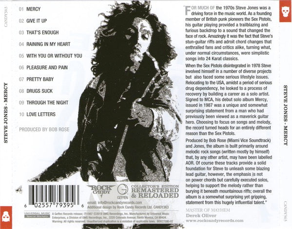 Image of Back Cover of 3714240C: CD - STEVE JONES, Mercy (Rock Candy; CANDY363, UK & US 2019 Reissue, Jewel Case)   VG+/VG+