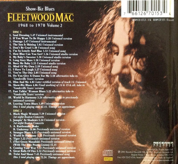 Image of Back Cover of 3714278C: 2xCD - FLEETWOOD MAC, Showbiz Blues 1968-1970 (Receiver Records Limited; RDPCD 15 Z, UK 2001 Reissue, Book Sleeve)   VG+/VG+