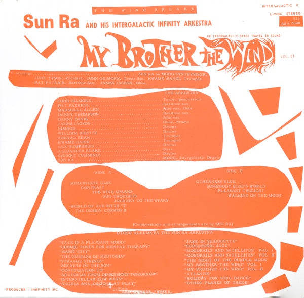 Image of Back Cover of 3714304C: LP - SUN RA AND HIS ASTRO INFINITY ARKESTRA, My Brother The Wind, Vol II (Saturn Research; SRA 2000, US 2000s Reissue) Sleeve has a few small stains  VG/VG