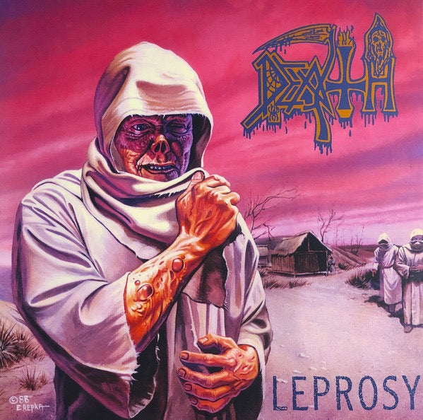 Image of Front Cover of 3714257C: 12" - DEATH, Leprosy (Relapse Records; RR7228, Worldwide 2020, Insert, Clear With Neon Pink Pinwheels And Yellow And Blue Splatter Vinyl)   VG+/VG+