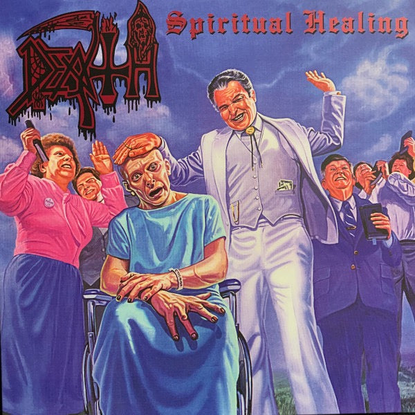 Image of Front Cover of 3714320C: LP - DEATH, Spiritual Healing (Relapse Records; RR7194, US 2020 Reissue, Insert, Pinwheels Cyan Blue and Blood Red, Black and White Splatter Vinyl)   VG+/VG+