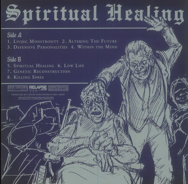 Image of Back Cover of 3714320C: LP - DEATH, Spiritual Healing (Relapse Records; RR7194, US 2020 Reissue, Insert, Pinwheels Cyan Blue and Blood Red, Black and White Splatter Vinyl)   VG+/VG+