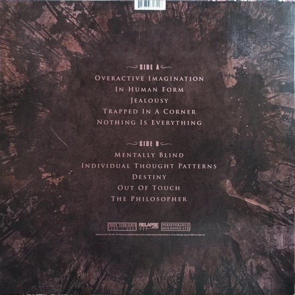 Image of Back Cover of 4814013C: LP - DEATH, Individual Thought Patterns (Relapse Records; RR7171, Europe 2017, Insert, Milky Clear With Splatter Vinyl)   VG+/VG+