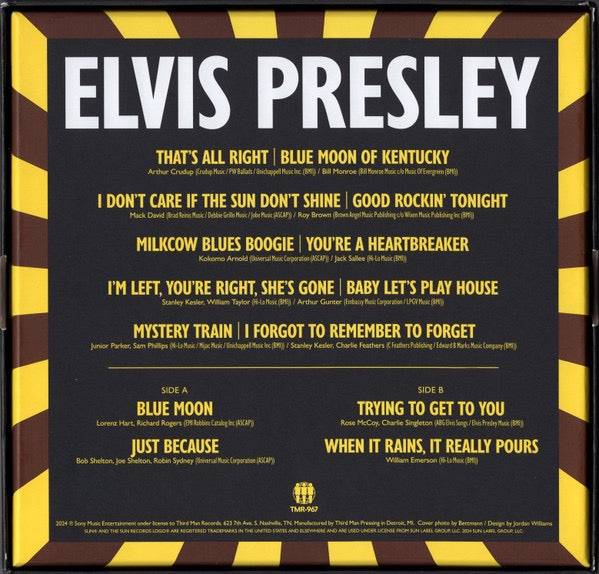 Image of Back Cover of 3734041E: 6x7" - ELVIS PRESLEY, Elvis Presley At 706 Union Ave: The Sun Singles 1954-55 (Third Man Records; TMR-967, US 2024, Box Set, Compilation, Yellow and Black Marble [Memphis Dust], Yellow With Black Splatter [Sun Ray] 7" EP, Postcards, Patch, 45 Adaptor.)   NEW/NEW