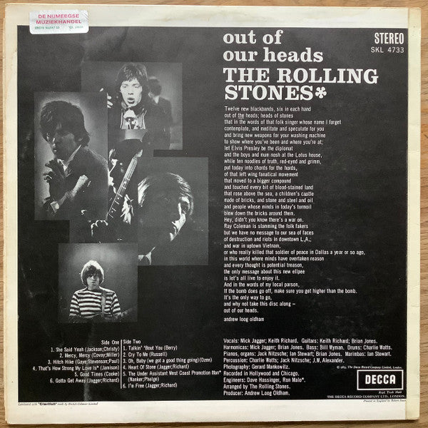 Image of Back Cover of 3744387S: LP - THE ROLLING STONES, Out Of Our Heads (Decca; SKL 4733, UK 1969 Reissue, Laminated Front Sleeve, Non-Flipback) Light wear to sleeve. Super clean copy of this usually mashed record. Nicest disc condition we've seen. Looks barely played.   VG/VG+