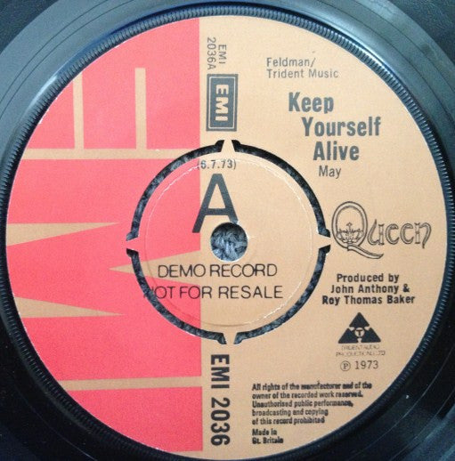 Image of Back Cover of 3714353C: 7" - QUEEN, Keep Yourself Alive (EMI; EMI 2036, UK 1973, Promo, Company Sleeve, (6.7.73) Date)   VG/VG+