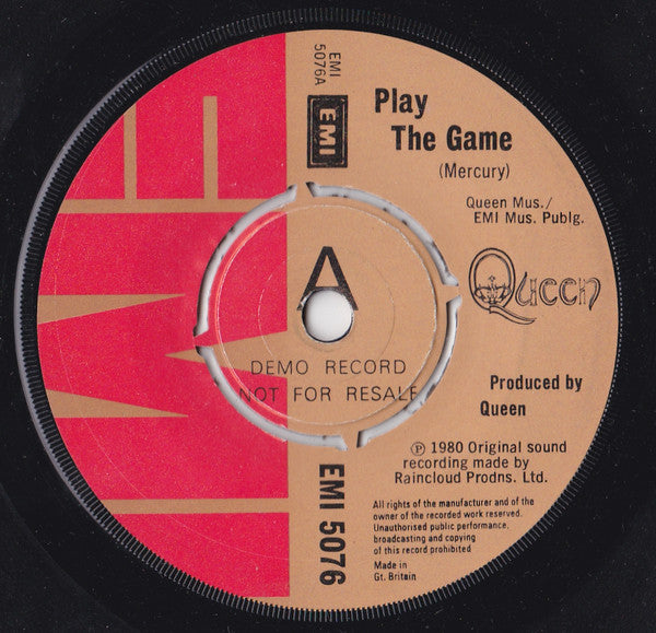 Image of Front Cover of 3714354C: 7" - QUEEN, Play The Game (EMI; EMI 5076, UK 1980, Promo, Plain Black Sleeve) Title very slightly smudged on A side label.  /EX