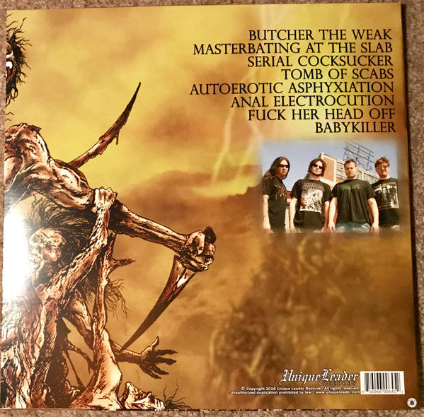 Image of Back Cover of 3854016S: LP - DEVOURMENT, Butcher The Weak (Unique Leader Records; ULR00645LP, US 2017, Inner, Remastered, Mustard and Black)   NEW/NEW