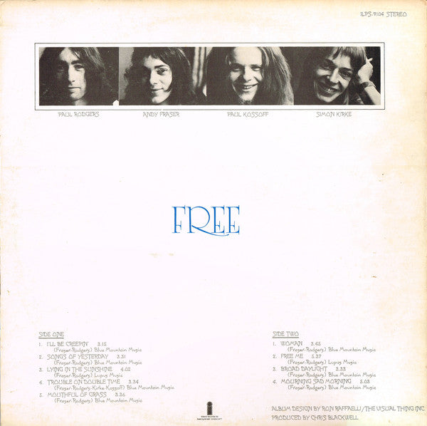 Image of Back Cover of LP - VG/VG - FREE, Free (Island Pink Rim; ILPS-9104, UK 1972 Reissue, Gatefold. Printed By E. J. Day, London, Company Inner), Light marks, writing on label & back cover. edge wear, creased Inner,  - 3946237S