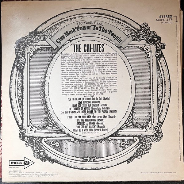 Image of Back Cover of 3814162C: LP - THE CHI-LITES, (For God's Sake) Give More Power To The People (MCA Records; MUPS 437, UK 1971, Brown & Red Labels) Sticker damage to top right of sleeve, otherwise quite nice. Light marks only to disc.  G+/VG