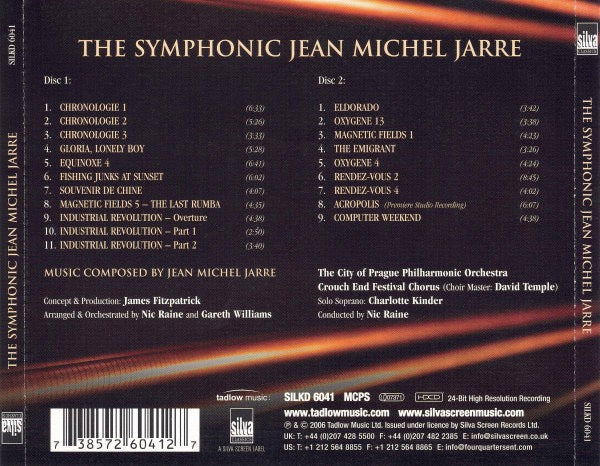 Image of Back Cover of 3814149C: 2xCD - THE CITY OF PRAGUE PHILHARMONIC ORCHESTRA*, CROUCH END FESTIVAL CHORUS CONDUCTED BY NIC RAINE, The Symphonic Jean Michel Jarre (Silva Classics ; SILKD 6041, UK 2006, Double CD Case)   VG+/VG+