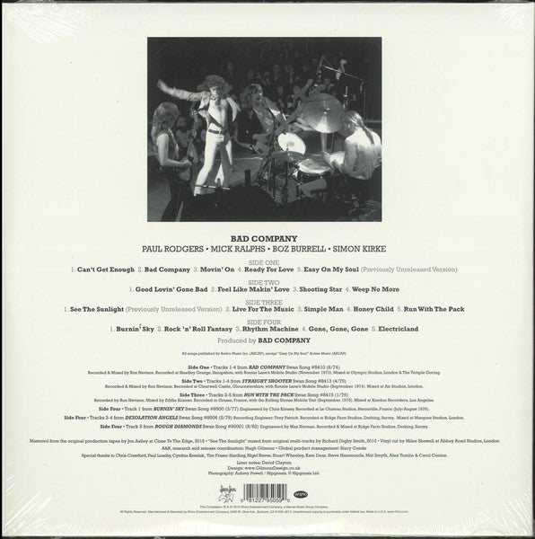 Image of Back Cover of 3824121E: 2xLP - BAD COMPANY, Rock 'n' Roll Fantasy The Very Best Of Bad Company (Swan Song; R1 551262, US 2015, Gatefold, Insert, Promo stamp on front top right.)   VG+/VG+