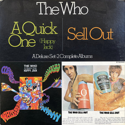 Image of Front Cover of 3824122E: 2xLP - THE WHO, A Quick One (Happy Jack) / The Who Sell Out (MCA Records; MCA2-4067, US 1980, Gatefold) Sleeve has heavy ringwear and some staining. Edgewear and dented corners. Light marks on the vinyl.  G+/VG