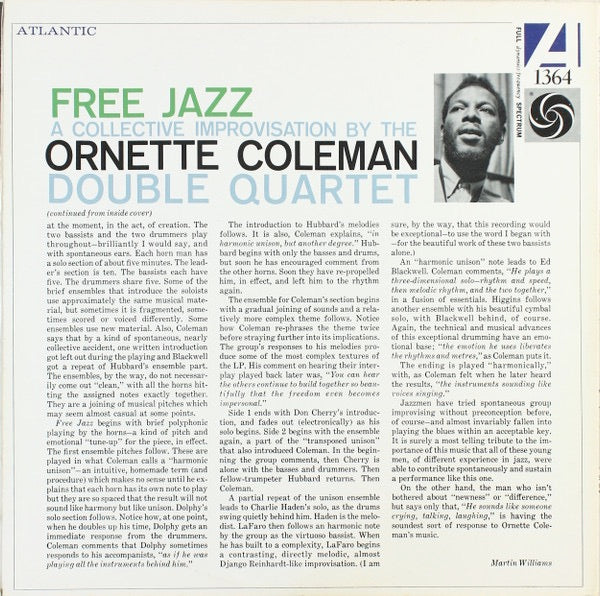 Image of Back Cover of 3814182C: LP - THE ORNETTE COLEMAN DOUBLE QUARTET, Free Jazz - A Collective Improvisation (Atlantic; ATLANTIC 1364, US Reissue, Gatefold, No Die Cut Frame) Great copy all round!  VG+/EX