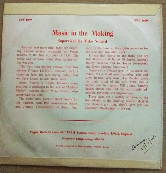 Image of Back Cover of 3824231E: 7" EP - DON RENDELL, JIMMY DEUCHAR, Music In The Making (Vogue Productions; EPV1009, UK 1954, Picture sleeve) Marks on vinyl. Large rip on sleeve.  P/VG