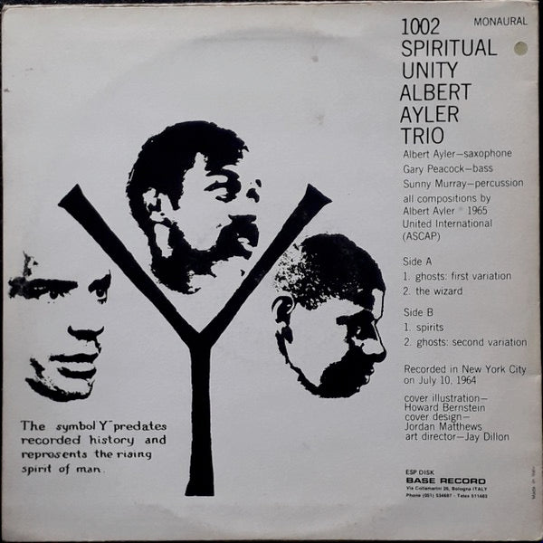 Image of Back Cover of 3814184C: LP - ALBERT AYLER TRIO, Spiritual Unity (ESP-Disk'; ESP 1002, Italy Reissue) Sticker residue and some discolouration to sleeve.  VG/VG+