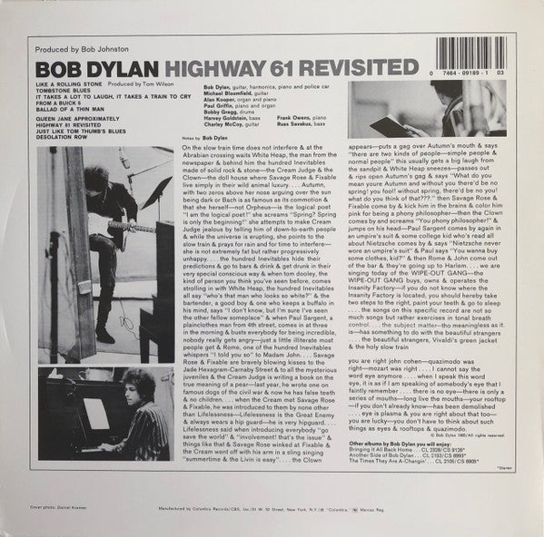 Image of Back Cover of 3824216E: LP - BOB DYLAN, Highway 61 Revisited (Columbia Red w/ Black text; 9189, US Reissue)   VG/VG