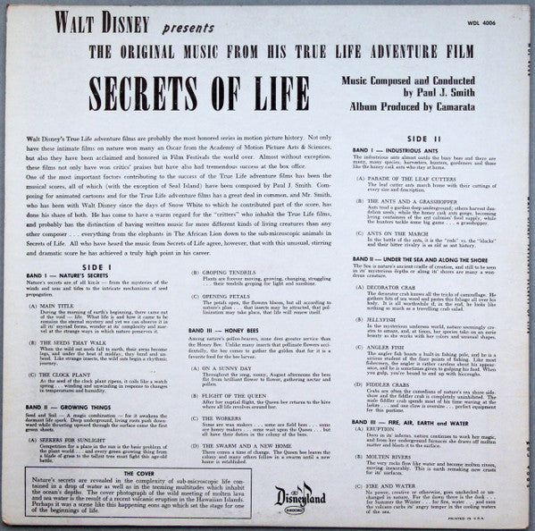 Image of Back Cover of 3824189E: LP - PAUL J. SMITH, Secrets Of Life (Original Music From The Soundtrack) (Disneyland ; WDL 4006, US 1956, Mono) Strong VG, Top Seam And Spine Split  G/VG