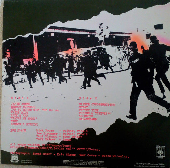 Image of Back Cover of 3814176C: LP - THE CLASH, The Clash (CBS Red Label; CBS 32232, UK 1987 Reissue, Nice Price Inner) Very faint hairlines from inner, NP hype sticker on front of sleeve.  VG/VG+