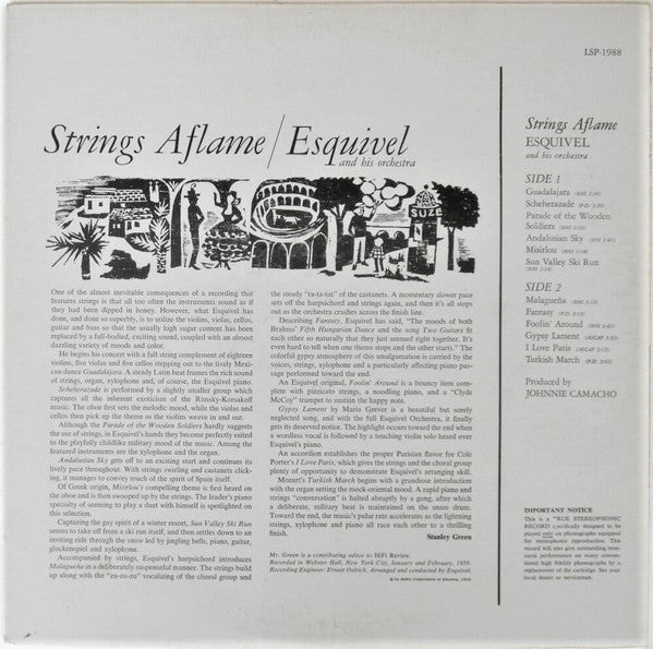 Image of Back Cover of 3824174E: LP - ESQUIVEL AND HIS ORCHESTRA, Strings Aflame (RCA Victor ; LSP-1988, US 1959, Stereo, Indianapolis Pressing) Very Strong VG, Company Inner  VG+/VG