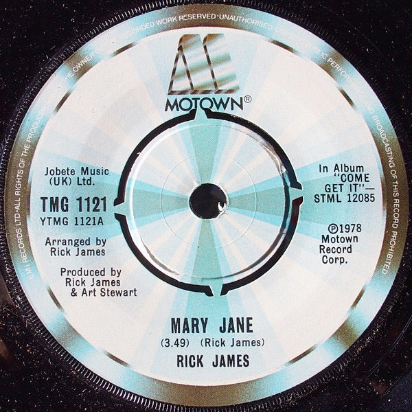 Image of Front Cover of 3814331C: 7" - RICK JAMES, Mary Jane / Dream Maker (Motown; TMG 1121, UK 1978, Company Sleeve) Strong VG. Sleeve has rip from front opening that's taped. Old sticker on front too. Creasing and wear  G/VG