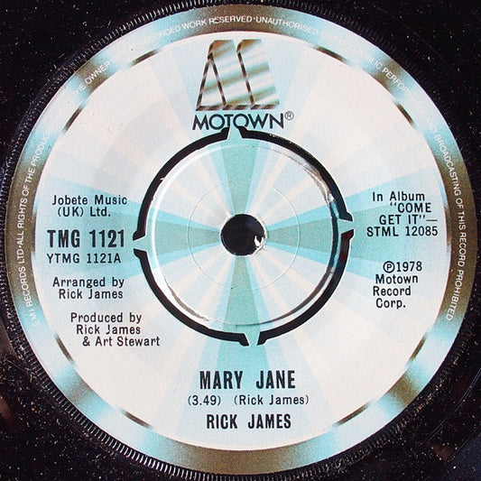 Image of Front Cover of 3814331C: 7" - RICK JAMES, Mary Jane / Dream Maker (Motown; TMG 1121, UK 1978, Company Sleeve) Strong VG. Sleeve has rip from front opening that's taped. Old sticker on front too. Creasing and wear  G/VG