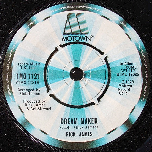 Image of Back Cover of 3814331C: 7" - RICK JAMES, Mary Jane / Dream Maker (Motown; TMG 1121, UK 1978, Company Sleeve) Strong VG. Sleeve has rip from front opening that's taped. Old sticker on front too. Creasing and wear  G/VG