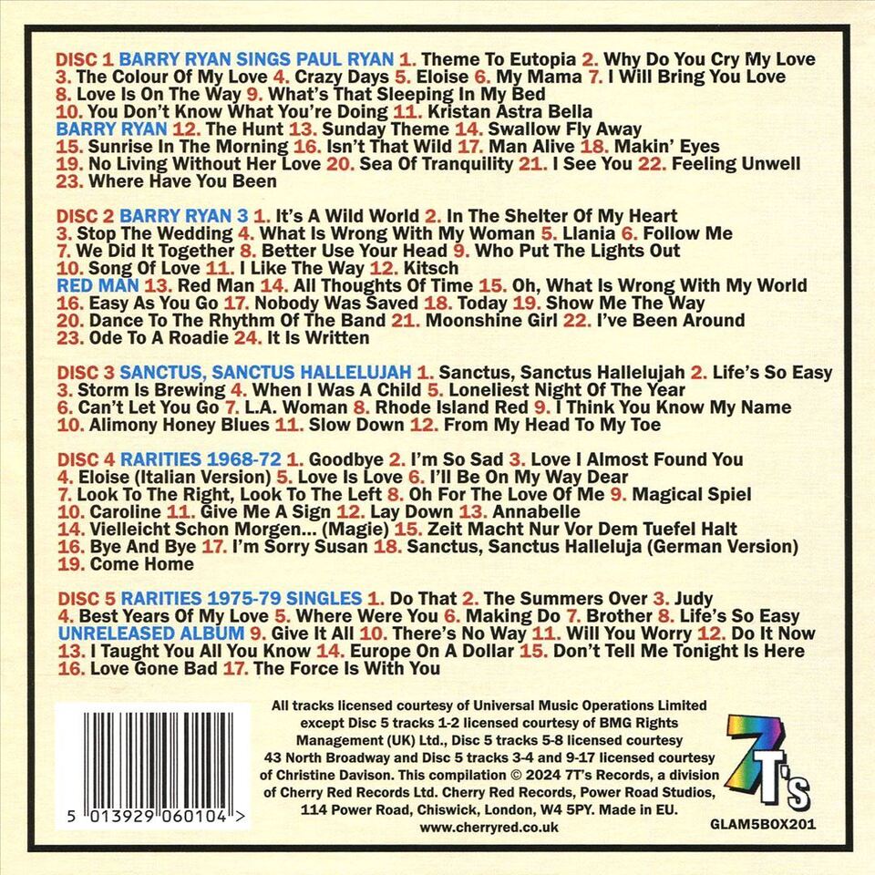 Image of Back Cover of 3834193E: 5xCD - BARRY RYAN, The Albums 1969-79 (7T's Records; GLAM5BOX201, UK 2024, Box Set)   M/M