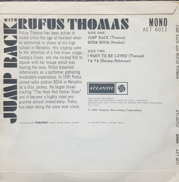 Image of Back Cover of 3814342C: 7" EP - RUFUS THOMAS, Jump Back With Rufus Thomas (Atlantic; AET 6011, UK 1965, Laminated Flipback Sleeve, Mono) Centre intact with marks on it. Sleeve has some ring wear and discolouration  VG/G