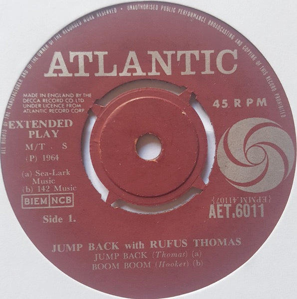 Image of Label Cover of 3814342C: 7" EP - RUFUS THOMAS, Jump Back With Rufus Thomas (Atlantic; AET 6011, UK 1965, Laminated Flipback Sleeve, Mono) Centre intact with marks on it. Sleeve has some ring wear and discolouration  VG/G