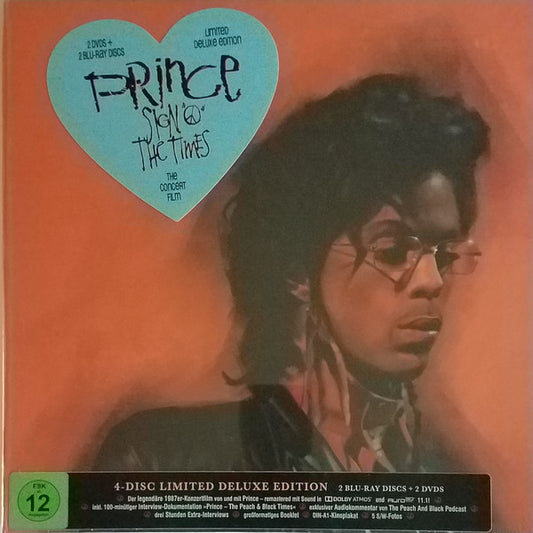 Image of Front Cover of 3834196E: 4xDVD - PRINCE, Sign "O" The Times (KEW Media Group; 9485814, Germany 2019, Booklet, 2 DVDs (Region B), 2 Bluray, poster and 5 black and white photos) the hype sticker on the front is peeling off, back corner of booklet has crease in corner, DVD 1 has light marks  VG+/VG+