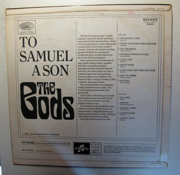 Image of Back Cover of 3844281S: LP - THE GODS, To Samuel A Son (Columbia; SCX 6372, UK 1969, Laminated Flipback Sleeve, Company Inner) Sleeve is intact with tight seams. Edge and ring wear, tiny corner bumps. No spindle wear. Disc is visually G+ but plays like a strong VG with moderate to low surface noise, great sound.  VG/G+