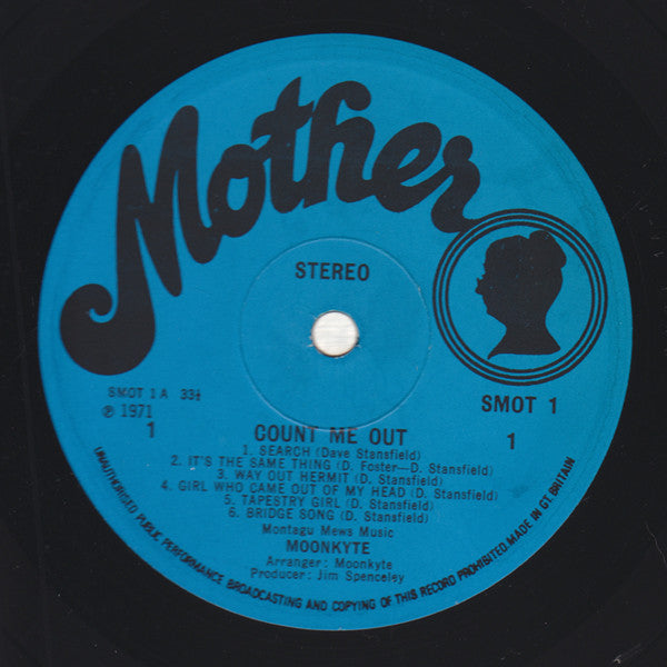 Image of Label of 3844406S: LP - MOONKYTE, Count Me Out (Mother; SMOT 1, UK 1971, Die Cut Sleeve) Edge and Ring Wear, Small Price Sticker With An Amusing Price!  VG/VG