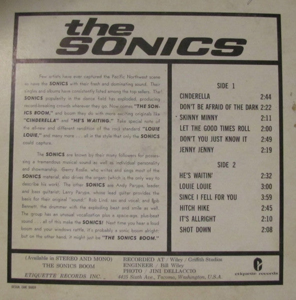 Image of Back Cover of 3844407S: LP - THE SONICS, Boom (Etiquette Records; ET-ALB-027, US 1966, Mono 1st press: 1966 purple label, thick vinyl) Edge Wear, Ring Wear, Corner Crease, Maths Homework Written On The Back Sleeve.  VG/G+