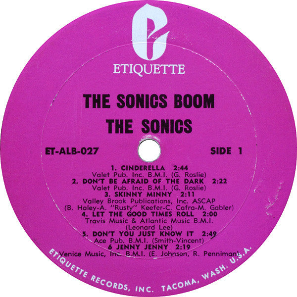 Image of Label of 3844407S: LP - THE SONICS, Boom (Etiquette Records; ET-ALB-027, US 1966, Mono 1st press: 1966 purple label, thick vinyl) Edge Wear, Ring Wear, Corner Crease, Maths Homework Written On The Back Sleeve.  VG/G+