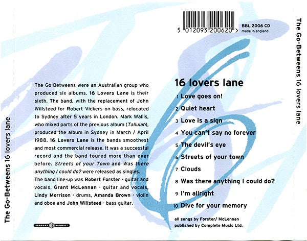 Image of Back Cover of 3814624C: LP - THE GO-BETWEENS, 16 Lovers Lane (Beggars Banquet; BBL 2006 CD, UK 1996 Reissue, Jewel Case)   VG+/VG+